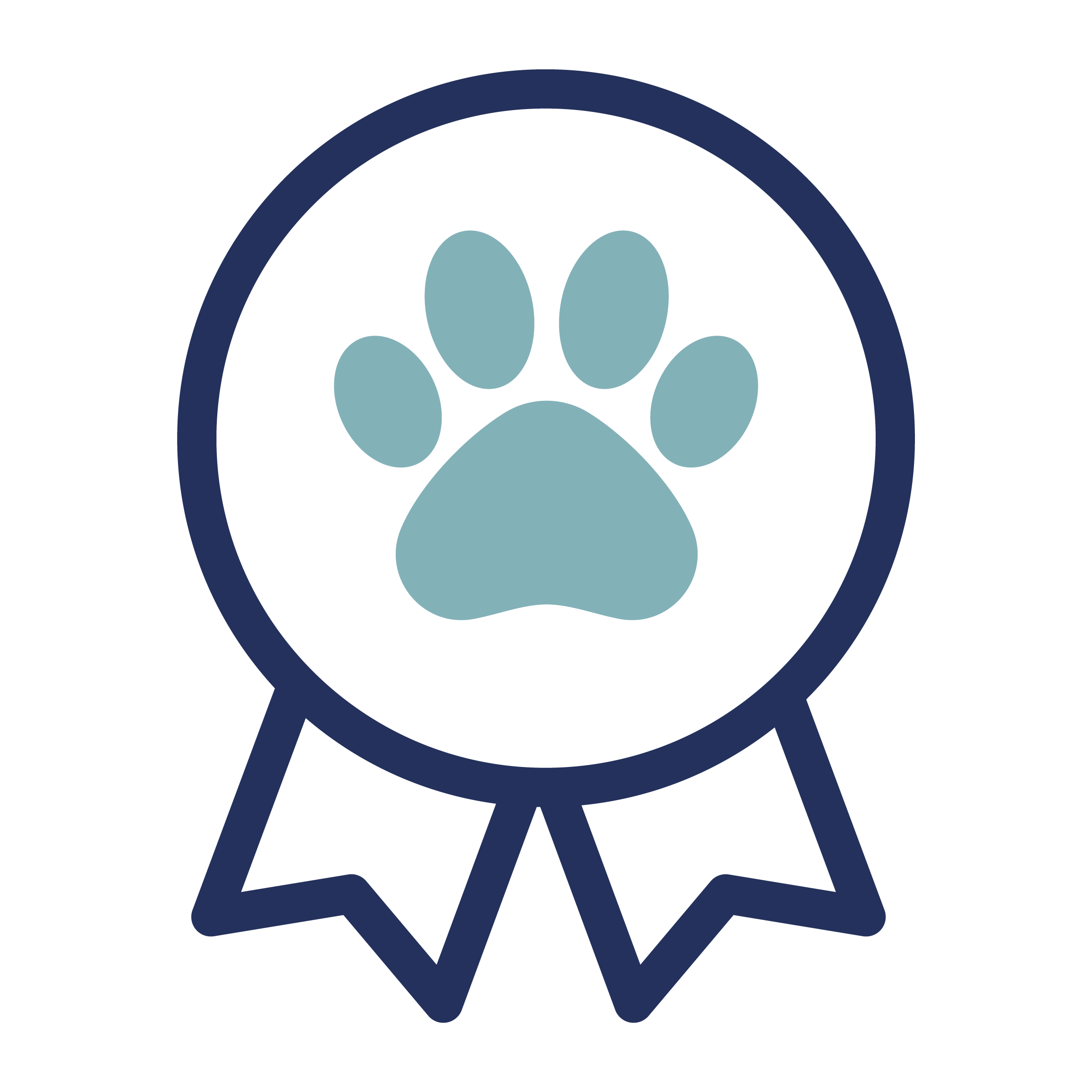 A circular badge with a blue paw print in the center and two ribbon tails at the bottom. The badge has a dark outline, and the paw print is a lighter blue. The design is simple and minimalistic.