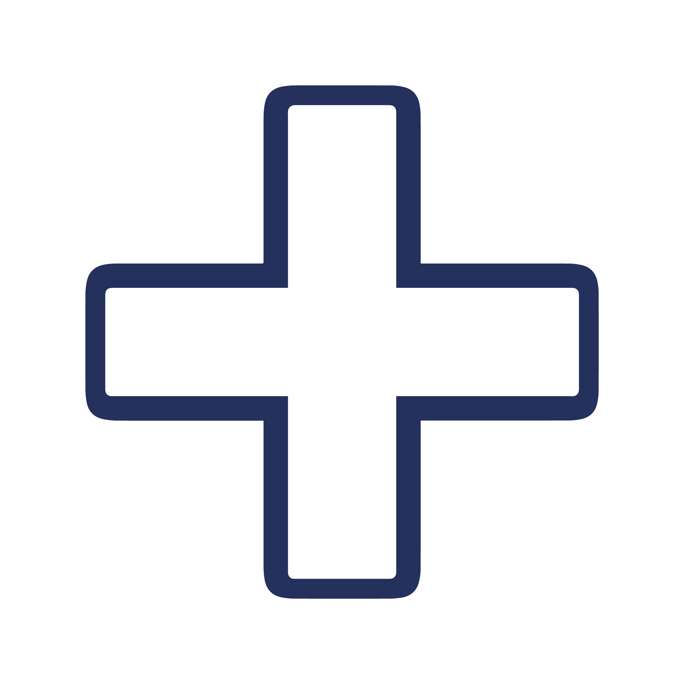 A bold, dark blue outline of a plus sign is centered on a white background.