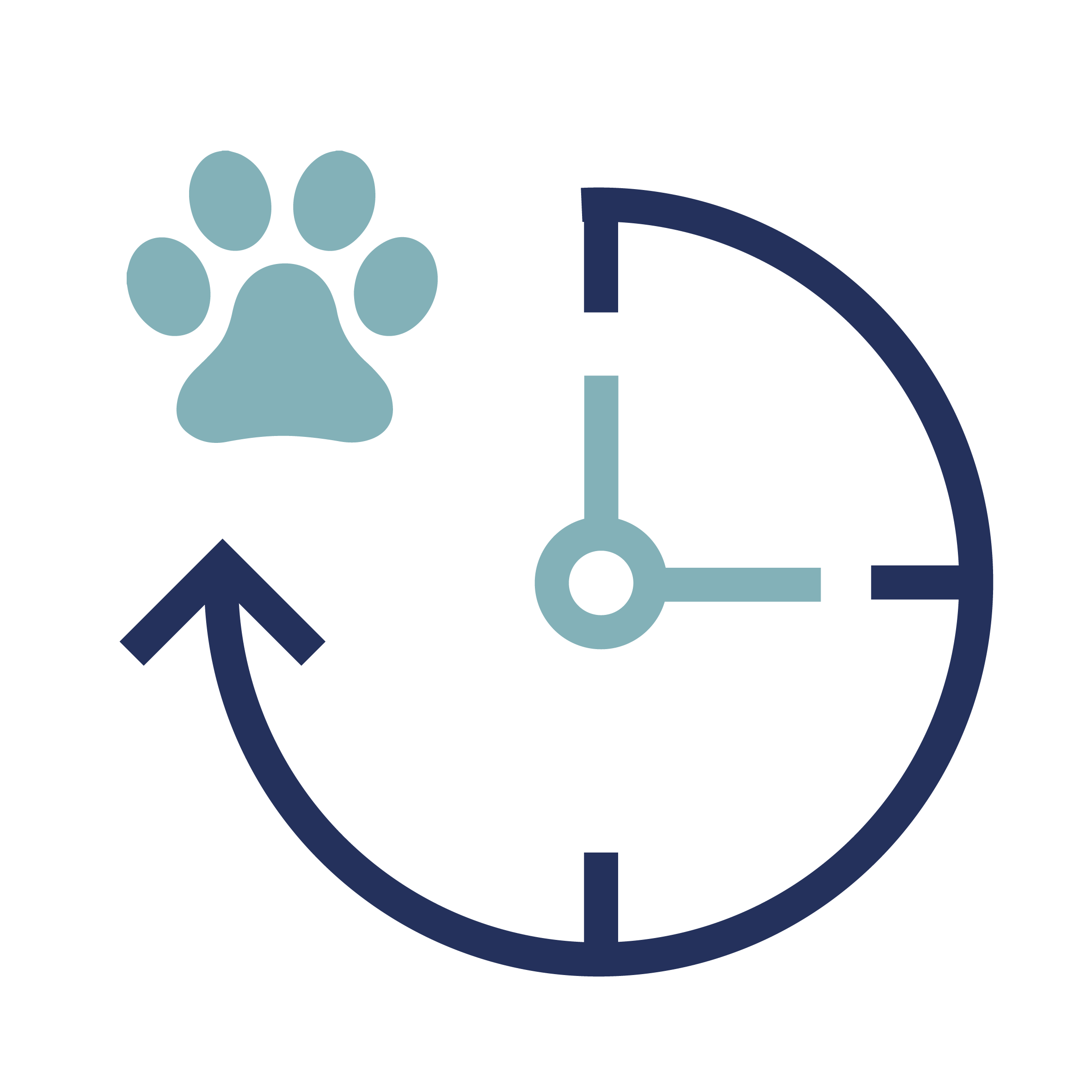 A stylized clock with a paw print and an arrow curving around it, suggesting a theme of time and pets.