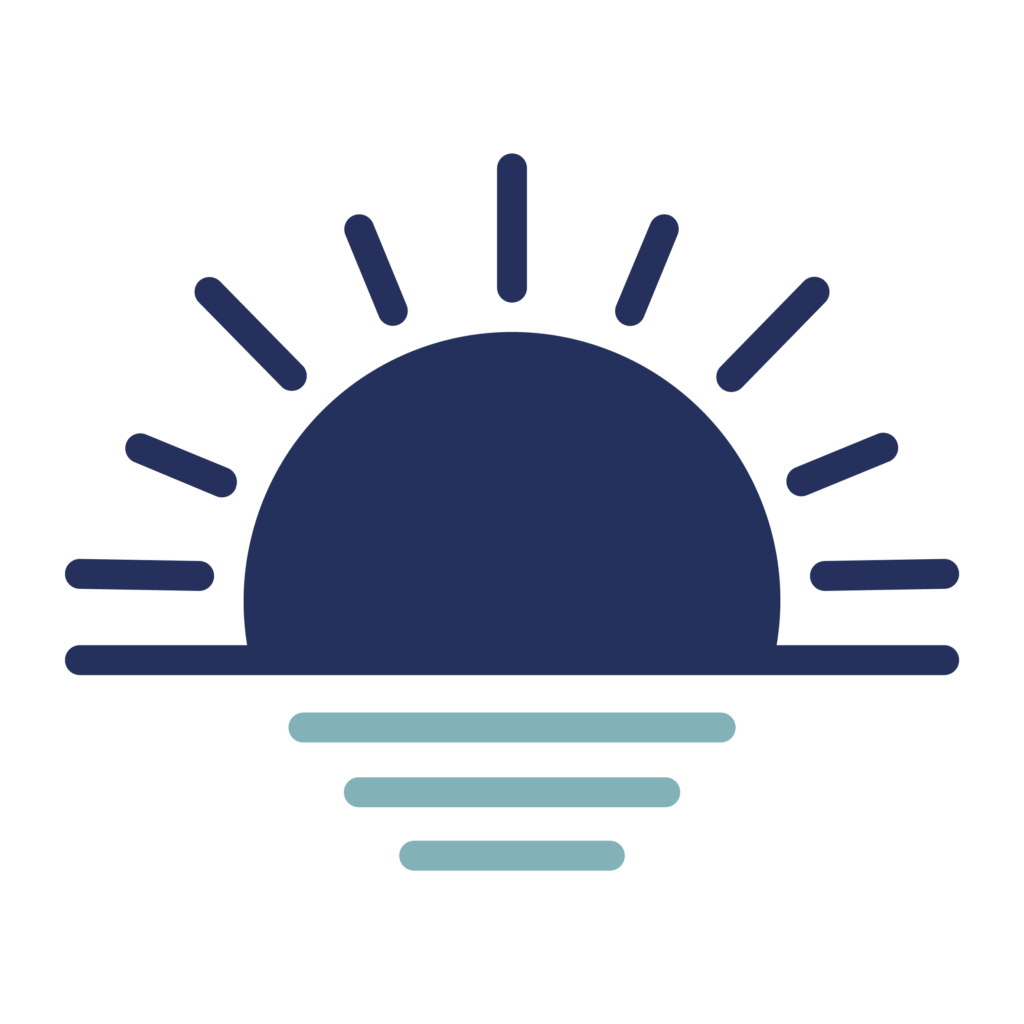 A navy blue sun symbol with rays extends from a semicircle, above three teal horizontal lines resembling water reflections, on a white background.