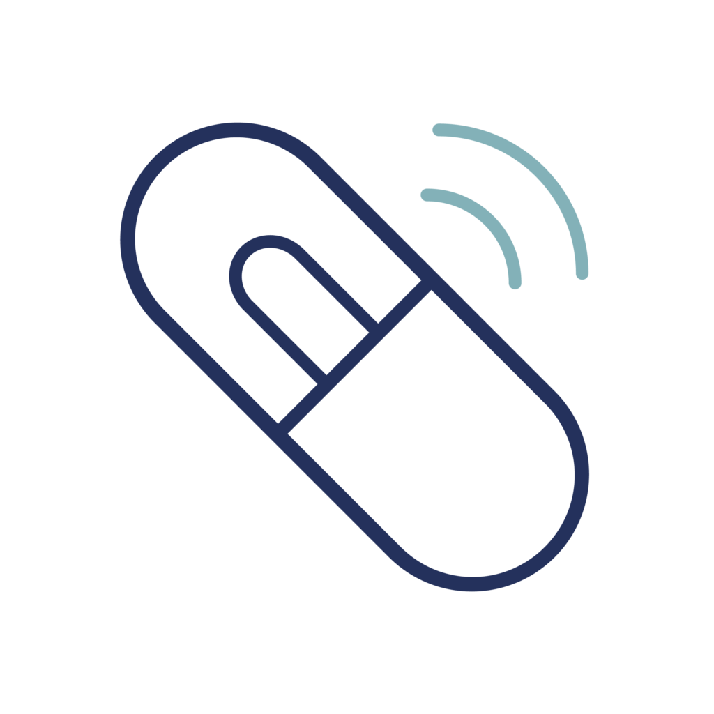 A minimalistic icon of a capsule or pill in dark blue outline, with two curved lines in light blue emanating from the top right, suggesting wireless signals or communication. The background is black.