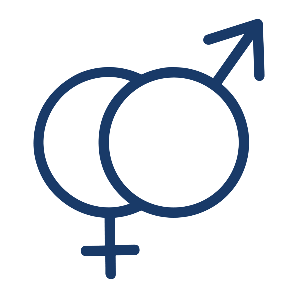 Two overlapping circles, one with a downward cross (female symbol) and the other with an upward arrow (male symbol), representing gender symbols. They are rendered in dark blue on a white background.