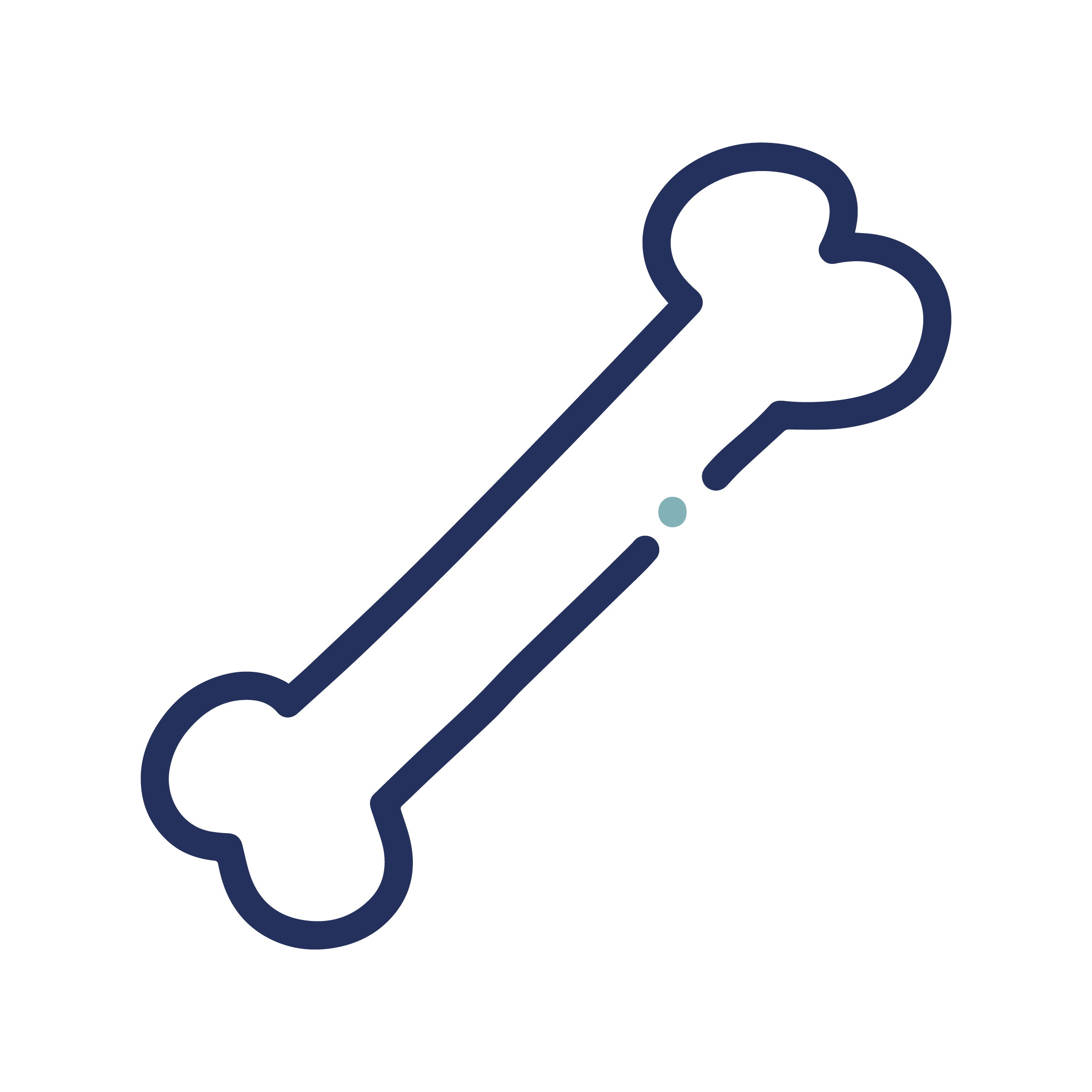 A simple illustration of a bone with a dark blue outline and a light blue dot in the center, set against a black background.