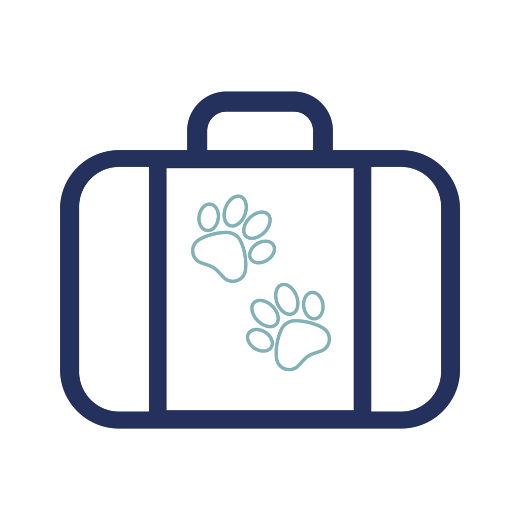 Icon of a suitcase with two paw prints on it. The suitcase outline is dark blue, and the paw prints are light blue against a black background.