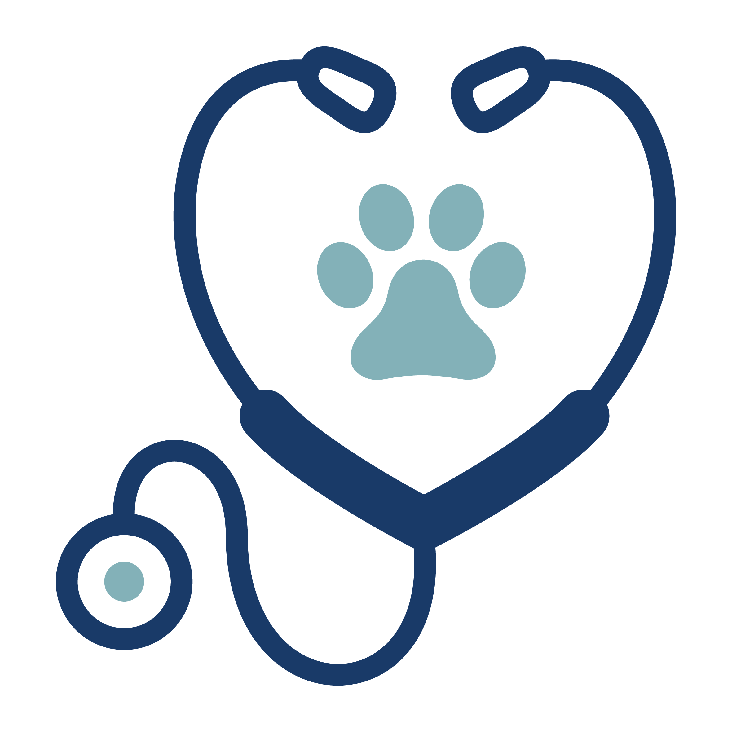 A stethoscope shaped like a heart with a paw print in the center, symbolizing veterinary care or pet health. The design is simple with shades of blue and teal.