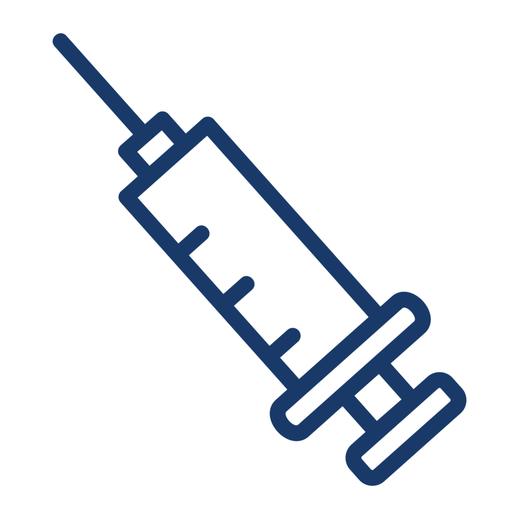 An icon of a syringe with a needle, depicted in dark blue lines against a transparent background. The syringe is shown from the side with a plunger, barrel, and needle clearly outlined.