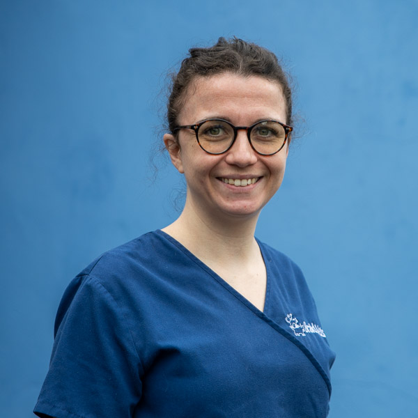 Smiling woman with glasses and curly hair, wearing blue medical scrubs, stands in front of a solid blue background.